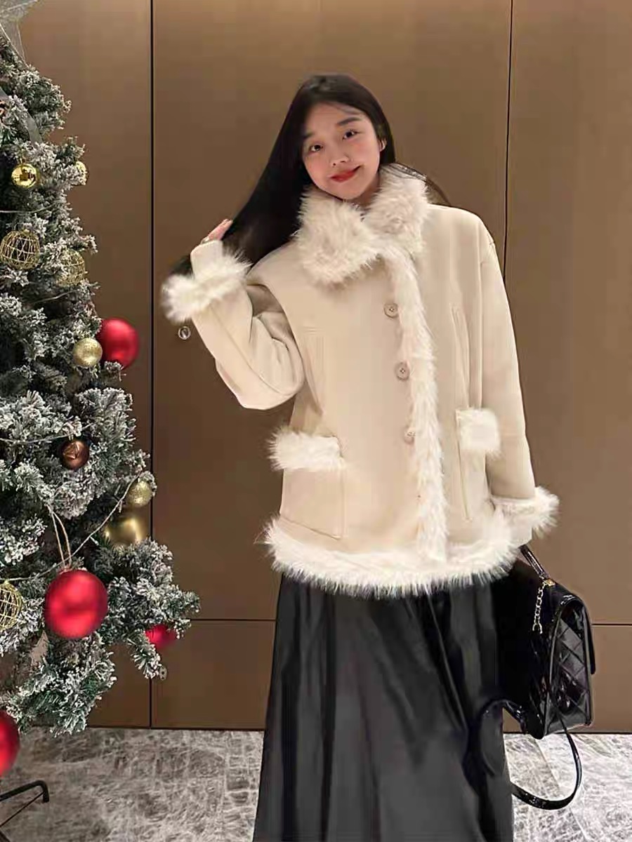 韓系麂皮絨拼接皮毛一體拼接設計感辣妹風氣質洋氣仿皮草毛毛外套