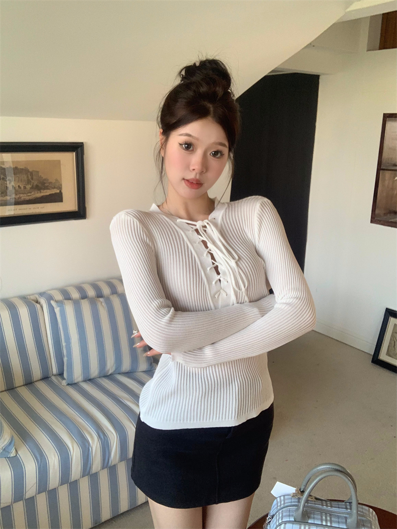 實拍 秋冬新款韓版綁帶設計感V領寬鬆慵懶風針織衫打底衫毛衣