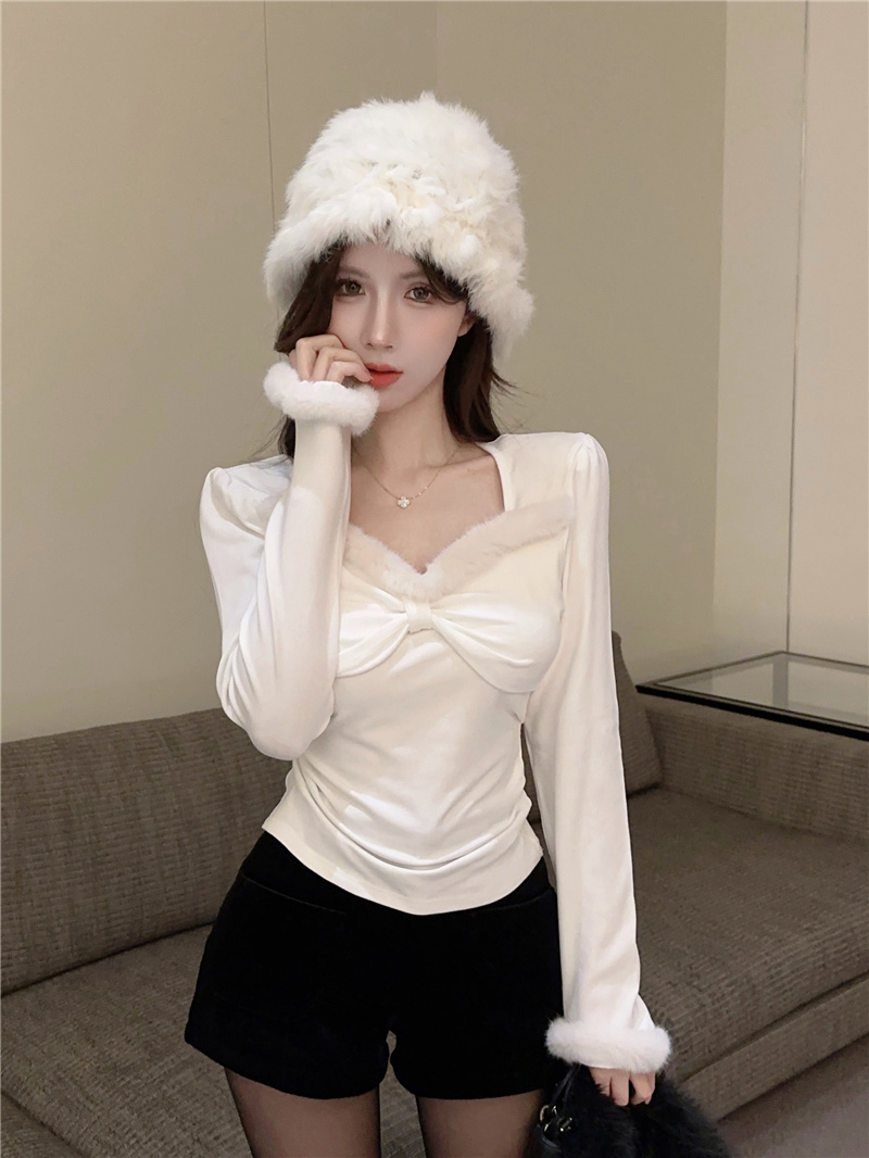 實拍~女裝加絨紅色長袖打底衫秋冬新款別致小眾顯瘦內搭上衣