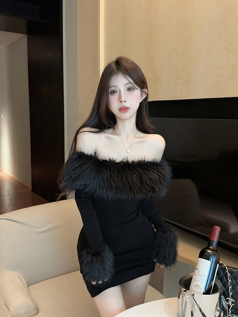 Real shot!  Autumn and winter hot girl fur collar one-shoulder dress for women with sexy slimming hip skirt 2382