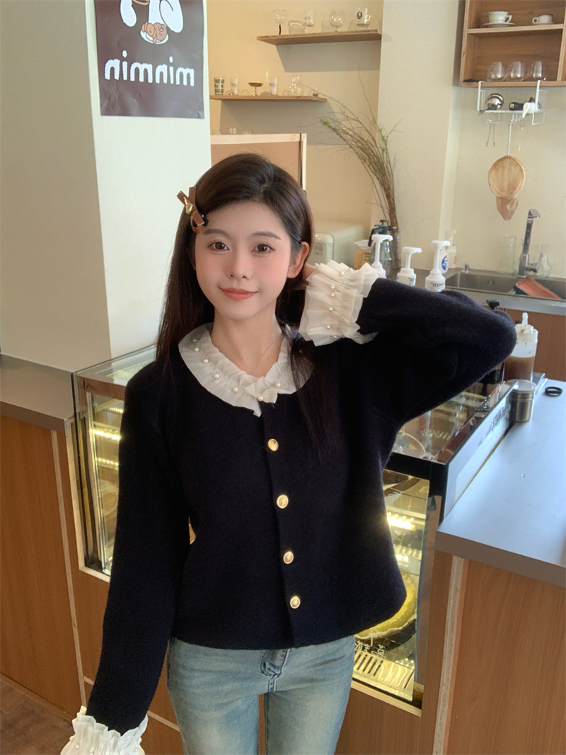 實拍 冬季新款法式復古小香風拼接木耳花邊開衫長袖毛衣外套