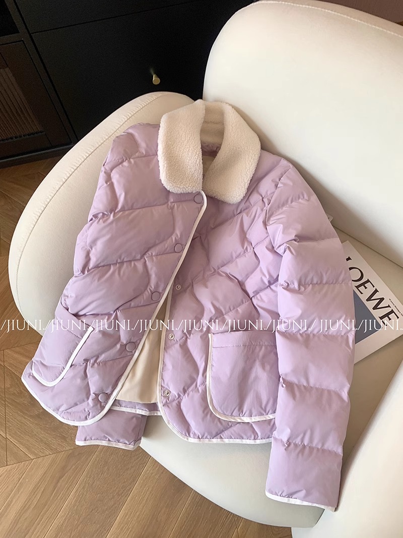 韓版香芋紫菱格羊羔毛領加厚棉服女2023新款甜美百搭減齡冬季外套