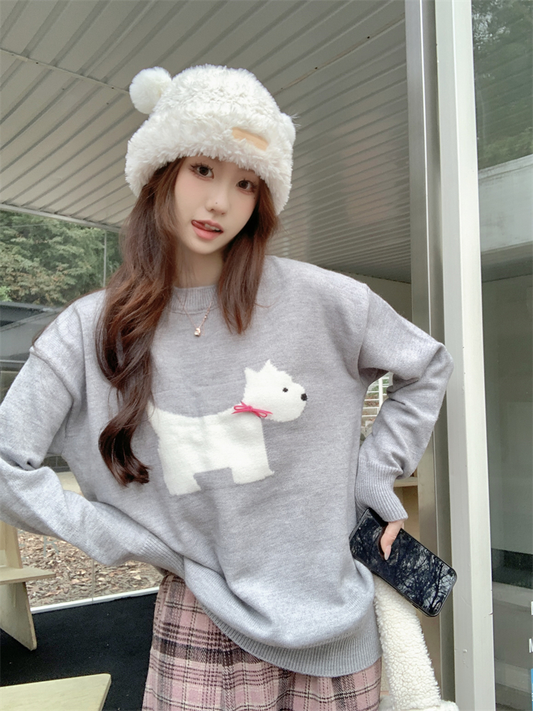 Real shot of autumn and winter new design bow puppy pattern sweater for women round neck loose knitted top