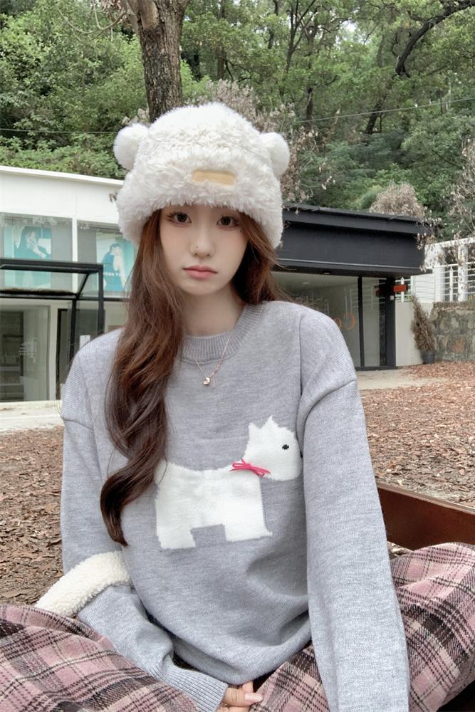 Real shot of autumn and winter new design bow puppy pattern sweater for women round neck loose knitted top