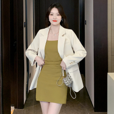 批发实拍吊带裙女大码胖妹妹外穿遮肉开叉连衣裙西装两件套