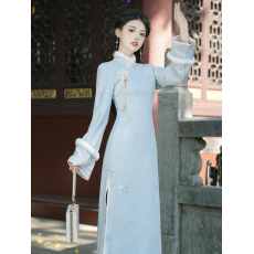 批发6698#实拍 重工新中式改良旗袍裙绣花加绒连衣裙秋冬 上架+40