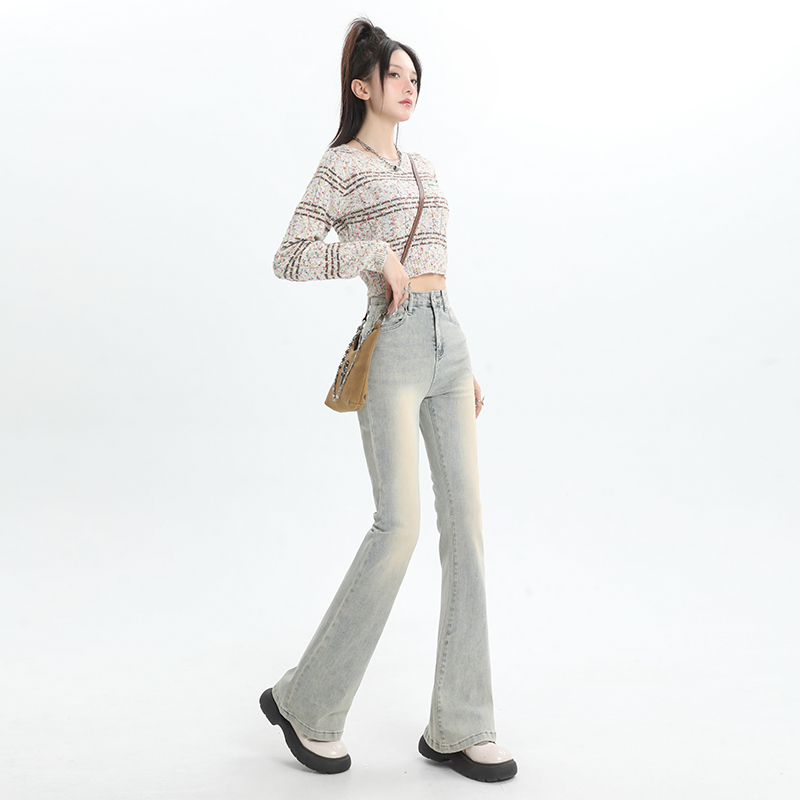 Actual shot of 2024 early spring retro high-waisted slim-fit long-leg bootcut pants