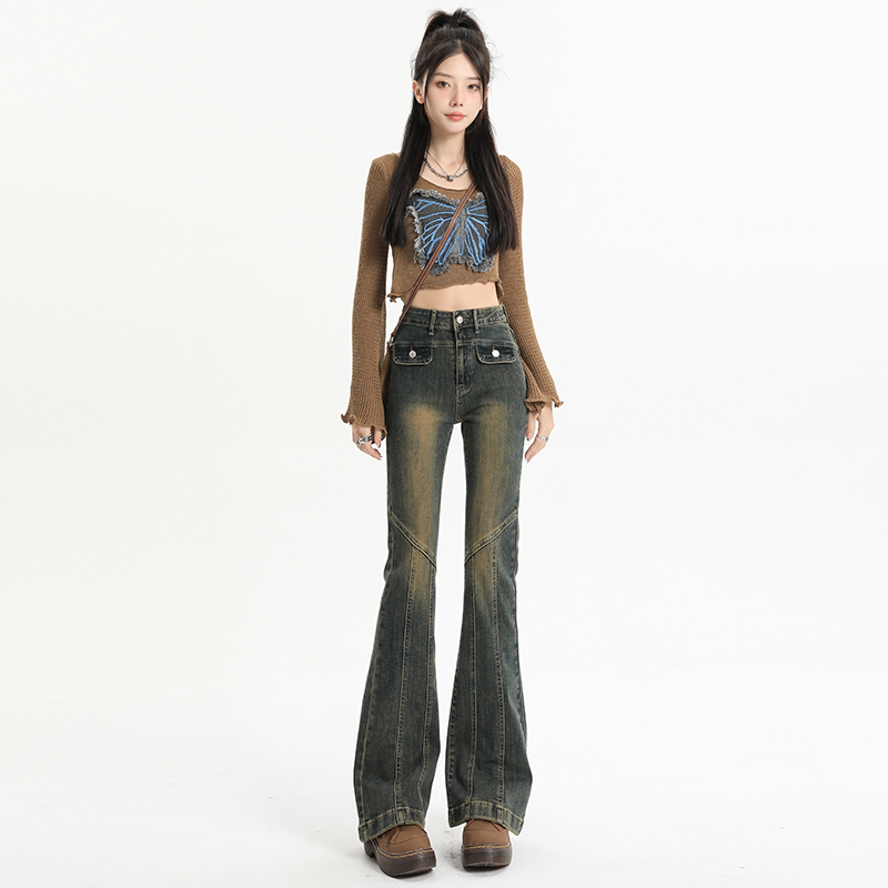 Actual shot of 2024 early spring micro-flared jeans for women, elastic internet celebrities and retro bell-bottoms