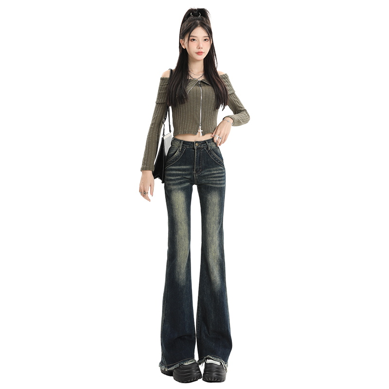 Actual shot of 2024 early spring micro-flared jeans for women stretch American retro micro-flared jeans