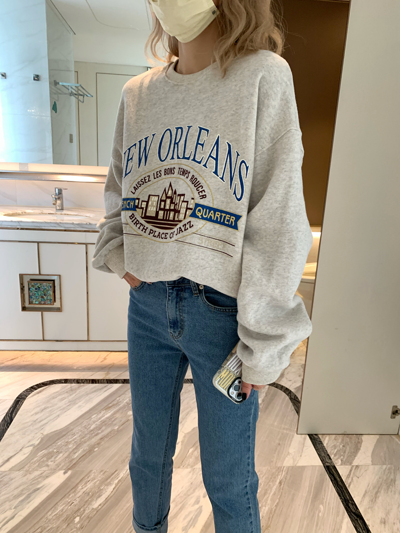 Official picture of Korean version of the new velvet fashionable dark blue letter city view print pattern flower gray round neck sweatshirt