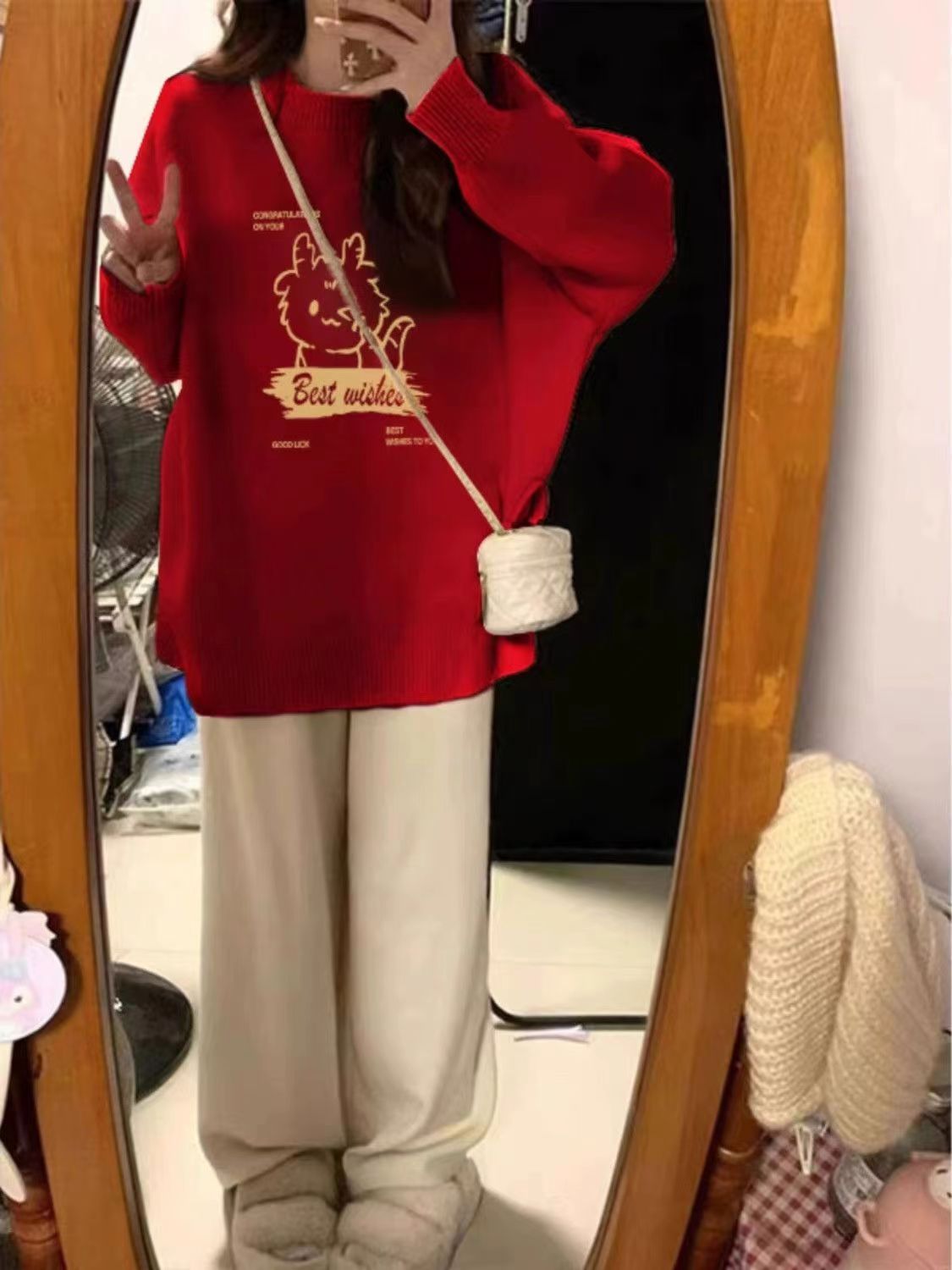 Red Dragon Year of the Dragon Cartoon Lazy Wind Pullover Women's Autumn and Winter New Style Small Brushed Knitted Top