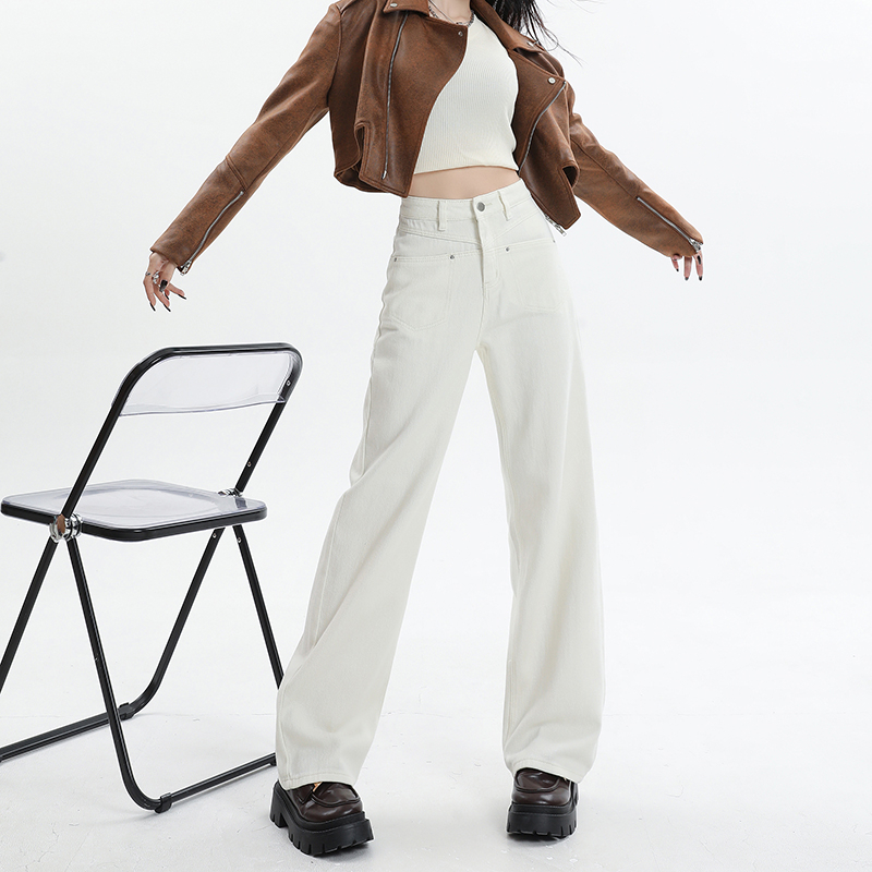 Actual shot of 2024 early spring straight high-waist micro-elastic jeans for women wide-leg loose floor-length pants