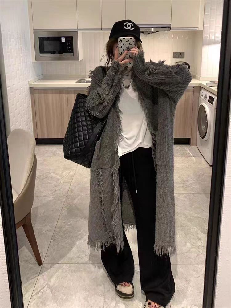 Original niche design, western style, soft and waxy, loose and lazy autumn and winter long fringed cardigan knitted sweater