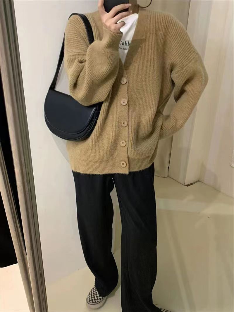 Retro lazy style irregular v-neck cardigan for women 2023 autumn new Korean style loose single-breasted sweater jacket