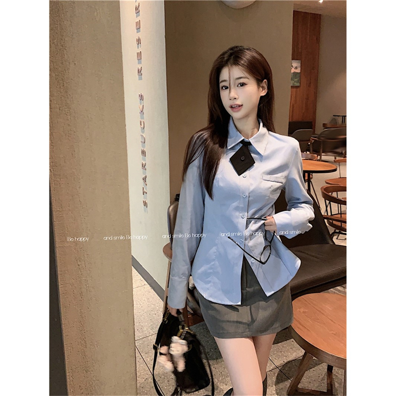氣質法式POLO領藍色襯衫女春秋2024新款內搭長袖上衣設計感襯衣女