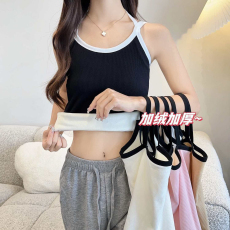 批发-秋冬加绒加厚交叉吊带保暖背心打底外穿显瘦修身拼色上衣