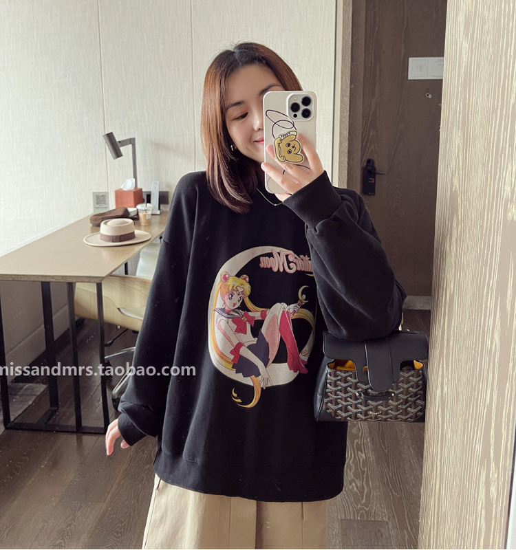 Official photo Korean version of the new loose round neck plus velvet thickened Moon Girl long-sleeved sweatshirt