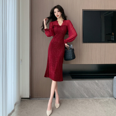 批发实拍视频2025秋冬新款女网纱长袖拼接亮片修身包臀开叉<b class='q'>长裙</b>连衣裙