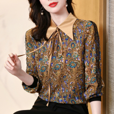 批发实拍2026春季新款韩版宽松华丽缎真丝印花<b class='q'>长袖</b>雪纺衬衫女