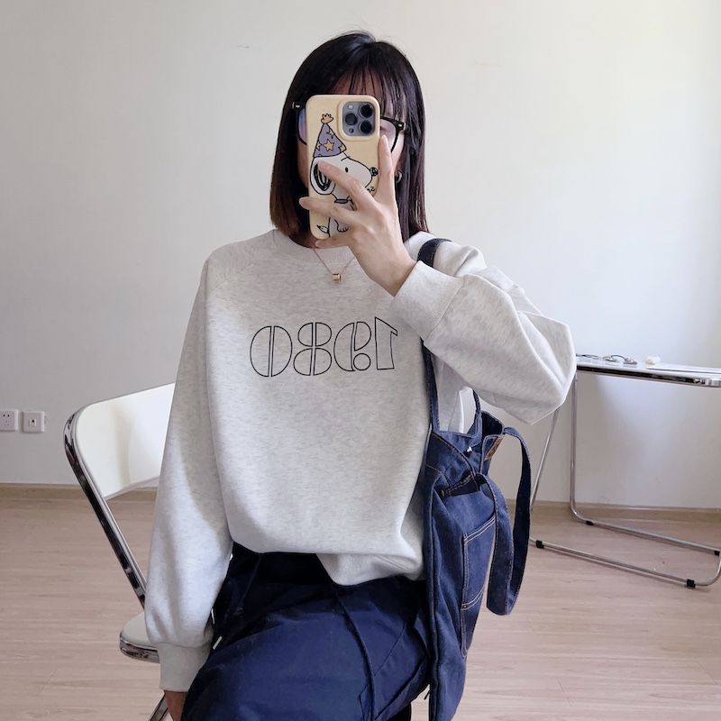 百搭韓版通勤簡約基礎款數字印花年寬鬆圓領休閒衛衣女款秋冬