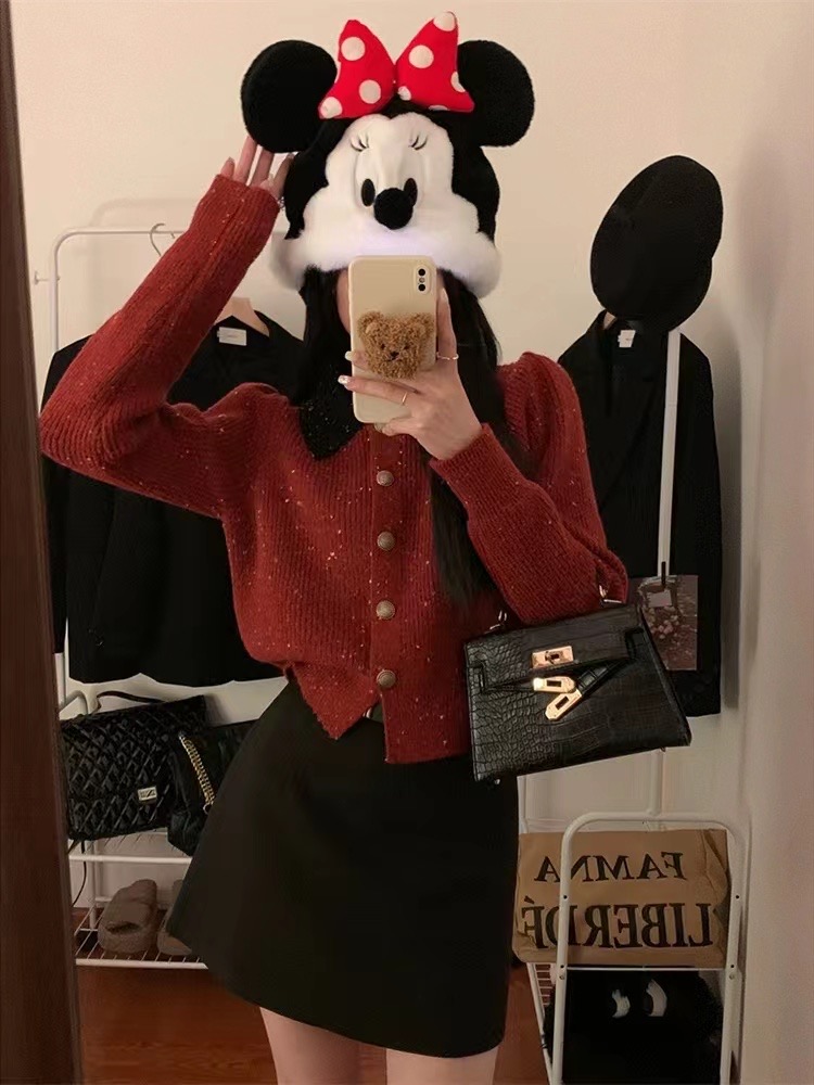 French style small fragrance design knitted cardigan women's autumn and winter new single-breasted lapel elegant sweater long-sleeved top