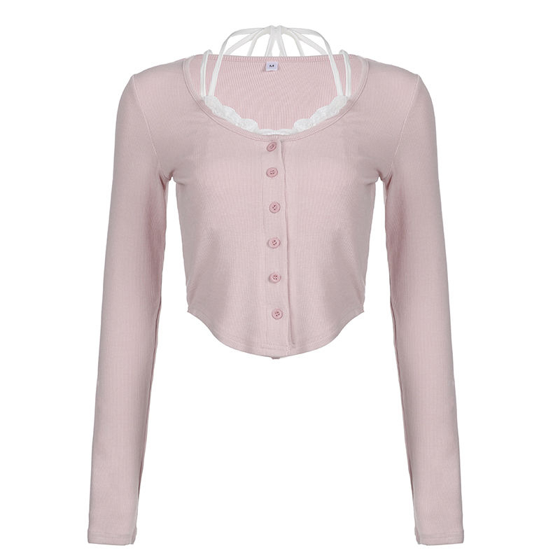 DeRong Korean style gentle, sweet and pure desire versatile lace long-sleeved bottoming T-shirt for women in autumn slim fit and versatile tops