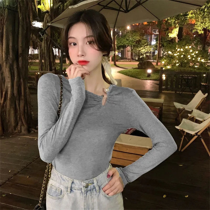 Delong  autumn and winter new pure lust style long-sleeved T-shirt pearl design niche temperament slim bottoming shirt