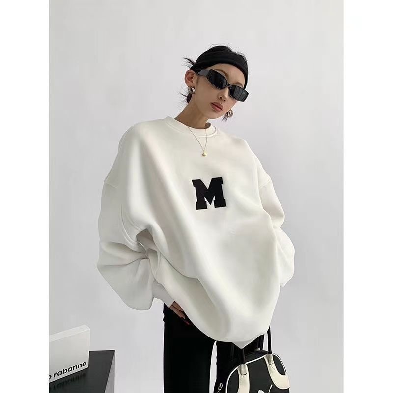 Huamian thin/velvet shoulder collar + embroidered letters autumn and winter round neck three-dimensional sweatshirt