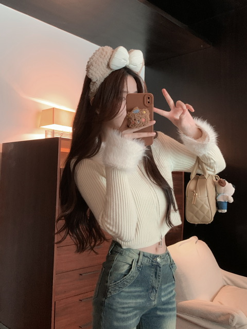 Actual shot of new vintage furry splicing knitted sweater double zipper short top