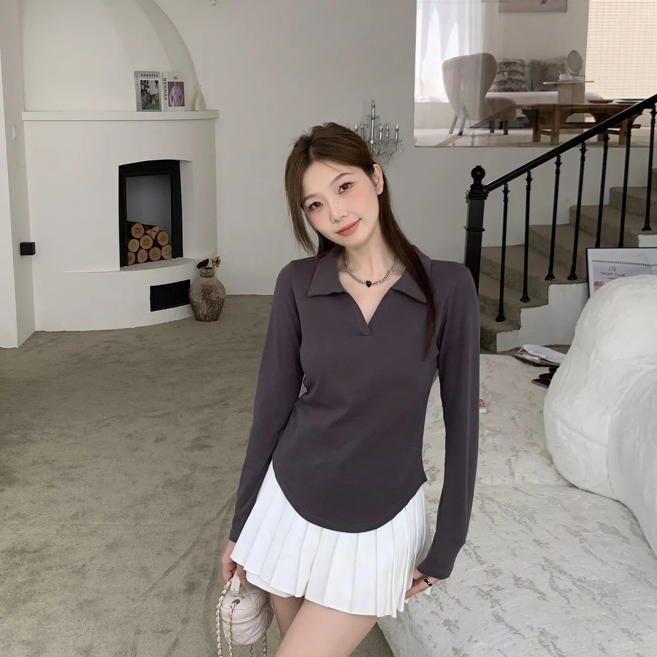 Polo collar pure lust style solid color long-sleeved T-shirt women's autumn and winter design slimming bottoming top for women