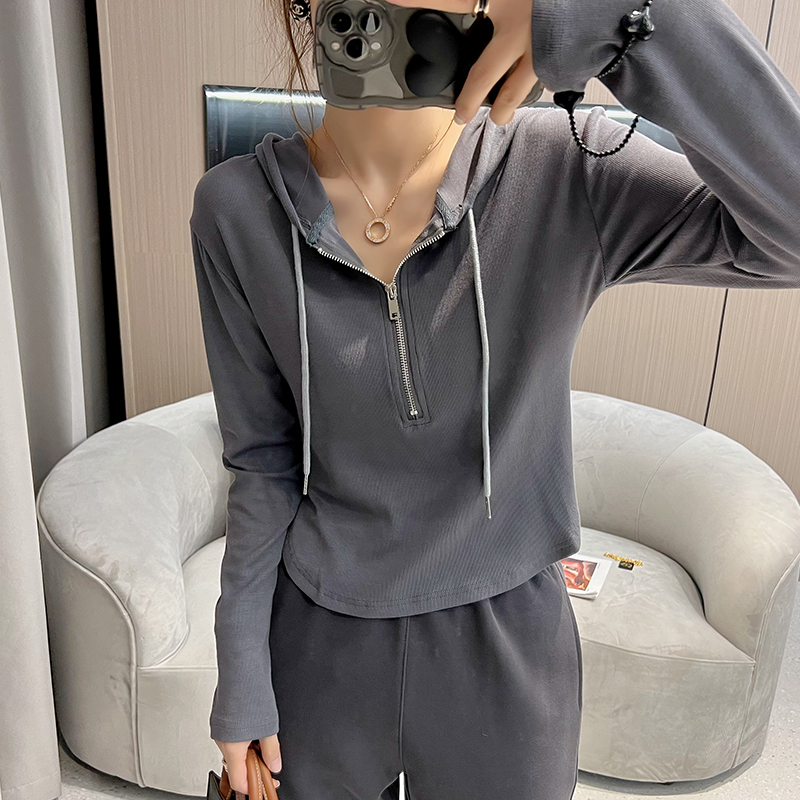 Shirts for women spring and autumn new long-sleeved hooded thin zipper T-shirt white inner wear chic and unique small shirt top