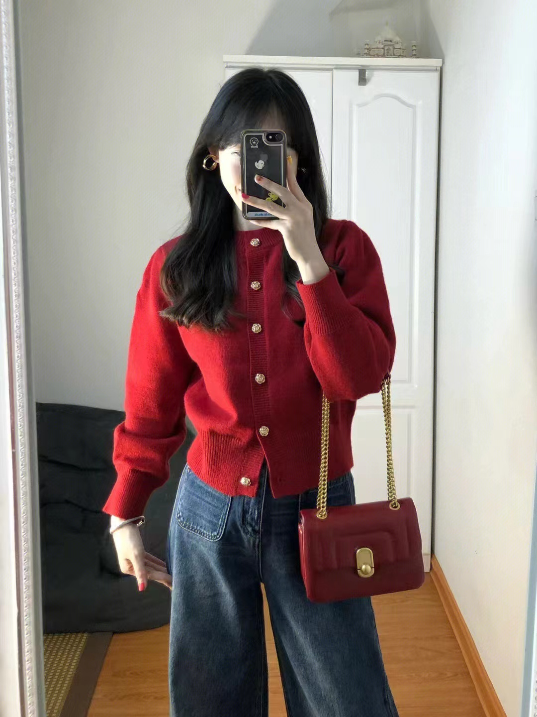 Retro red sweater for women autumn short lazy soft waxy knitted cardigan French chic slimming