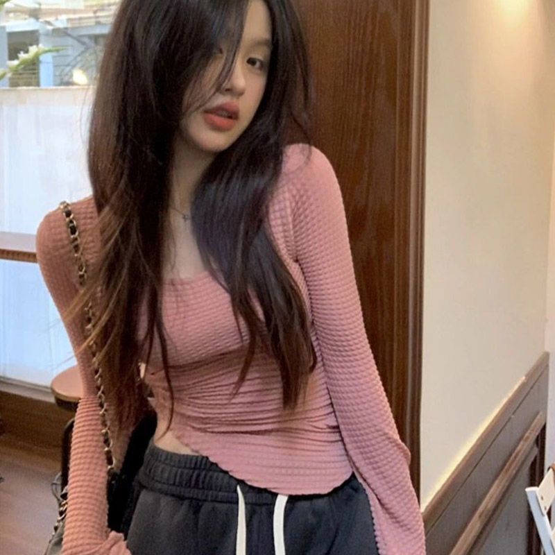 Pure lust style square neck long-sleeved T-shirt women's spring and autumn hot girl waist tight short bottoming top
