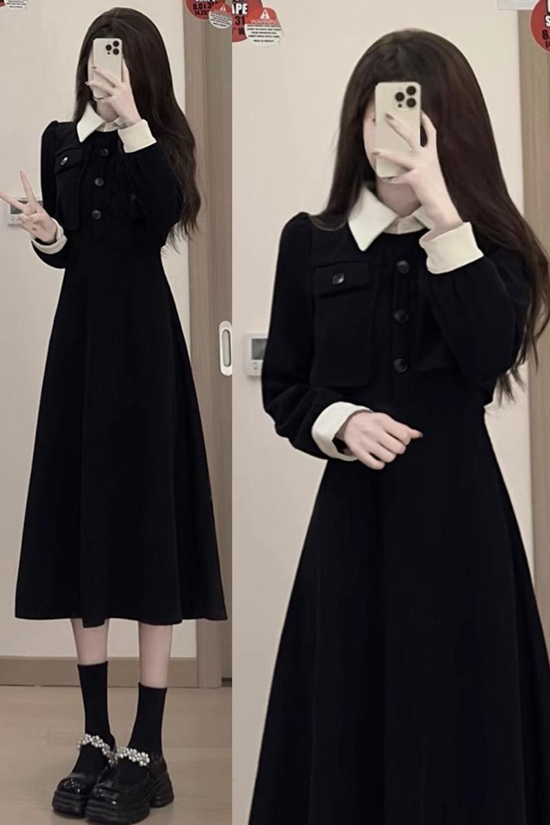 Xiaoxiang Hepburn style black dress women's 2023 new autumn clothing