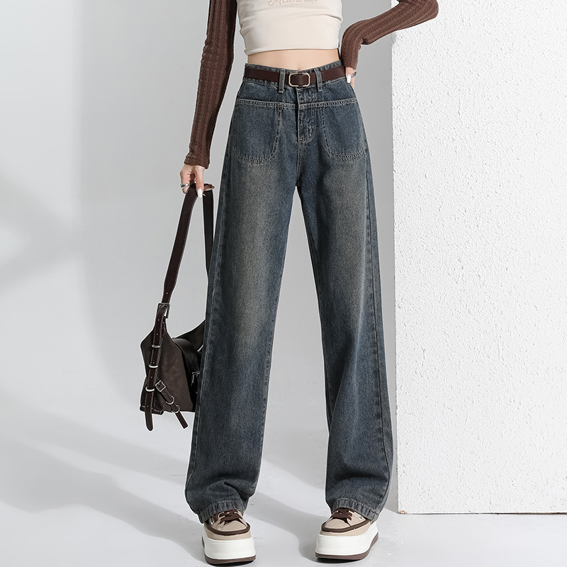 Actual shot of 2024 early spring fashionable denim wide-leg pants for women, casual loose pants, slimming straight legs