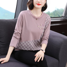批发纯棉2025圆领长袖T恤女<b class='q'>中老年</b>宽松上衣服新款<b class='q'>妈妈</b>装遮肚小衫
