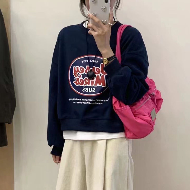 秋冬加絨薄款慵懶風寬鬆圓領學生上衣