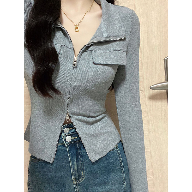 Original method of hot girl POLO collar bottoming shirt for women in autumn and winter, niche slim-fitting unique short long-sleeved top