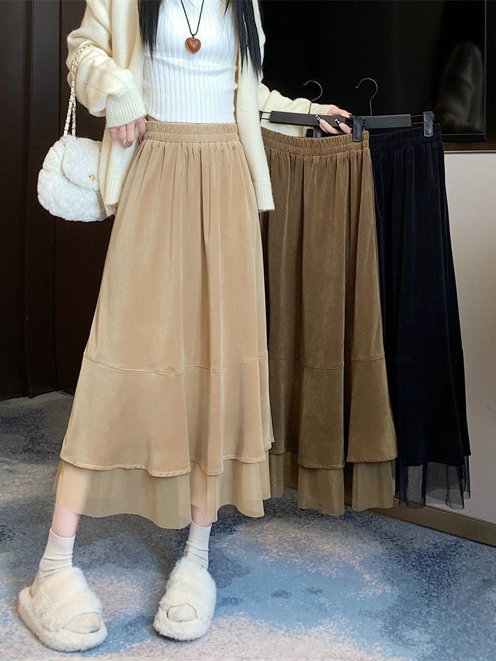 Velvet skirt women's new autumn and winter design fashionable splicing A-line skirt mid-length elastic waist skirt