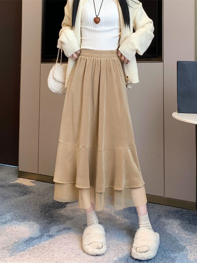 Velvet skirt women's new autumn and winter design fashionable splicing A-line skirt mid-length elastic waist skirt