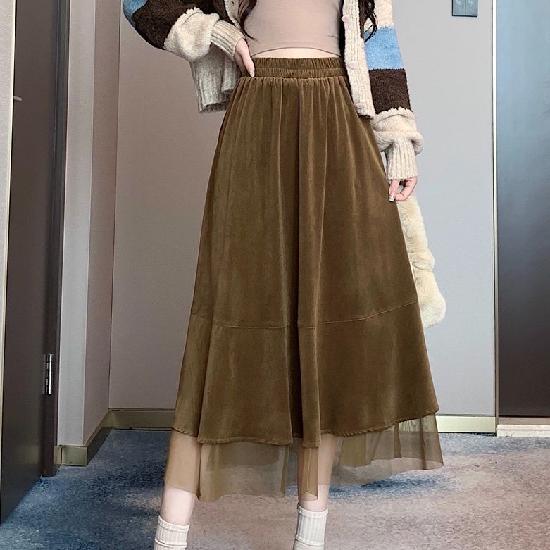 Velvet skirt women's new autumn and winter design fashionable splicing A-line skirt mid-length elastic waist skirt