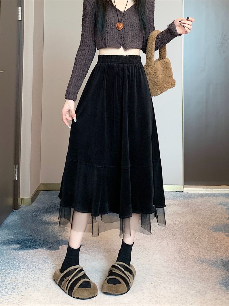 Velvet skirt women's new autumn and winter design fashionable splicing A-line skirt mid-length elastic waist skirt