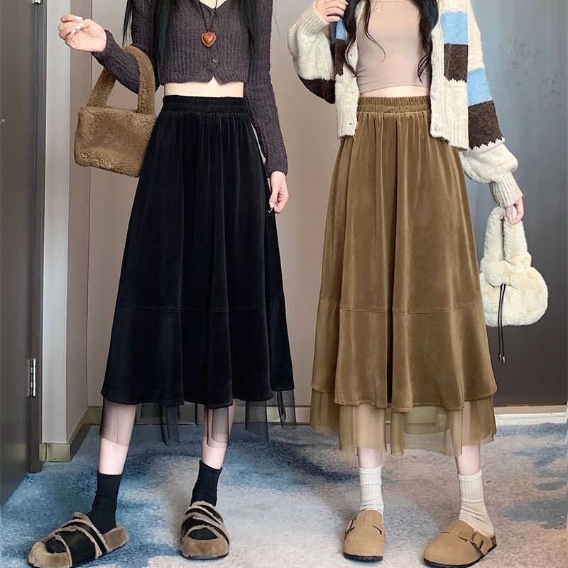 Velvet skirt women's new autumn and winter design fashionable splicing A-line skirt mid-length elastic waist skirt