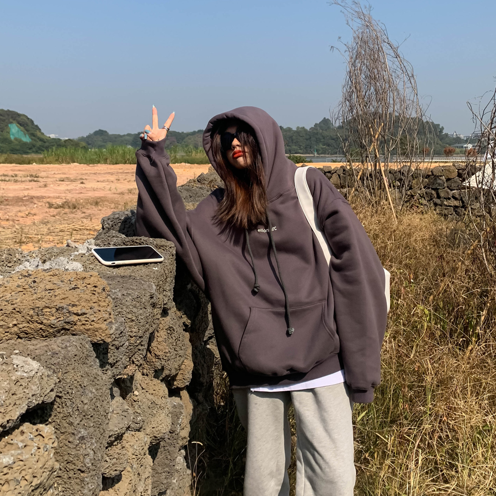 大衛衣加絨加肥大碼印花衛衣女美式復古秋冬寬鬆