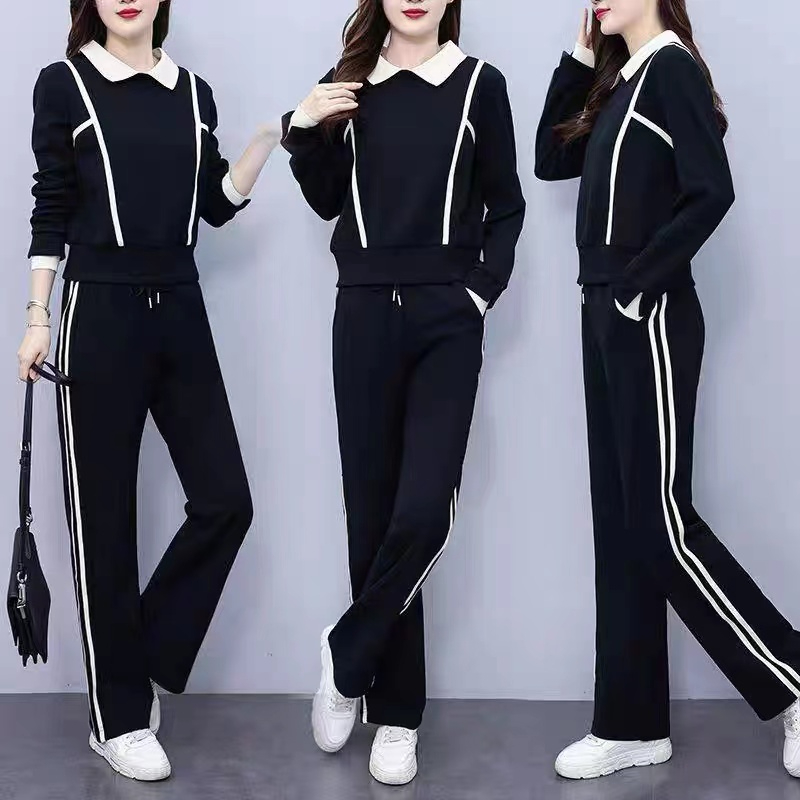 休閒運動服套裝女春秋款韓版洋氣減齡翻領衛衣長褲兩件套