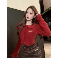 批发实拍 复古氛围感显白车厘子红娃娃领毛呢上衣外套+格纹半裙送腰带