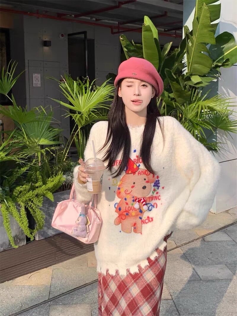 復古拼色提花毛衣外套開衫女秋冬外穿寬鬆慵懶風oversize針織上衣