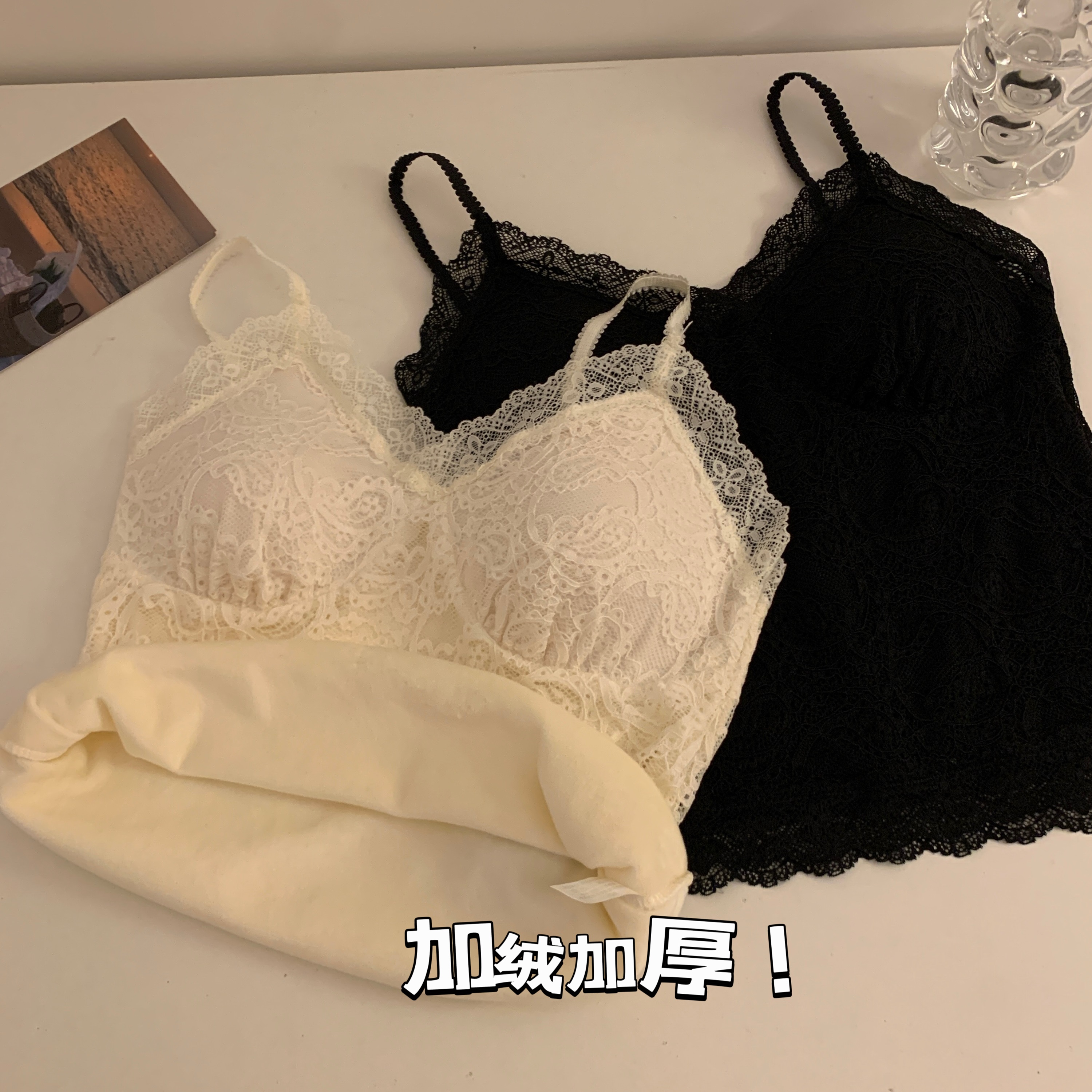 實拍秋冬加絨加厚吊帶背心性感蕾絲內搭打底帶胸墊修身上衣