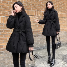 批发2026年新款女装冬季修身收腰中长款羽绒服女黑色<b class='q'>西装</b>领外套菱形格