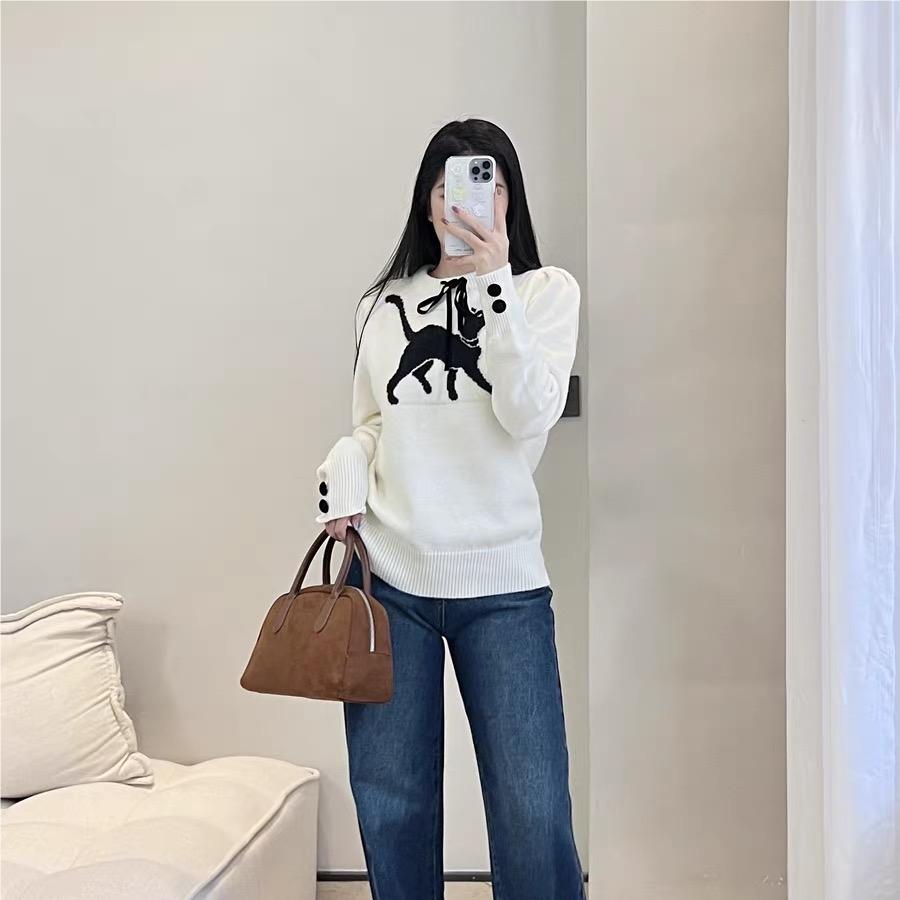 2024 Early Autumn New Retro Kitten Strap Niche Design Loose Soft Waxy Sweater Women's Lazy Style Knitted Sweater